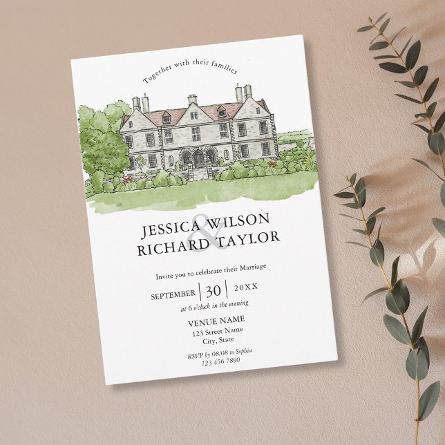 Invitation Illustration du manoir du lieu sur mesure (hand drawn wedding venue invitation)