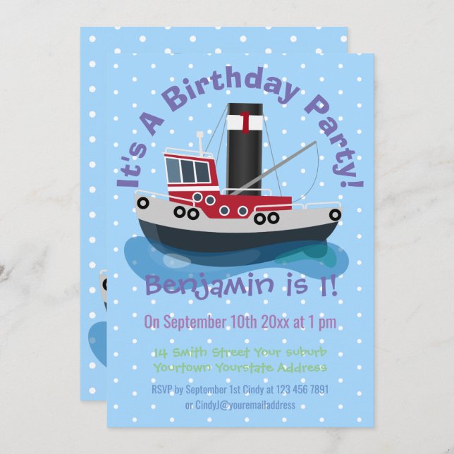 Invitation Illustration d'un bateau à chalutier mignon (Devant / Derrière)