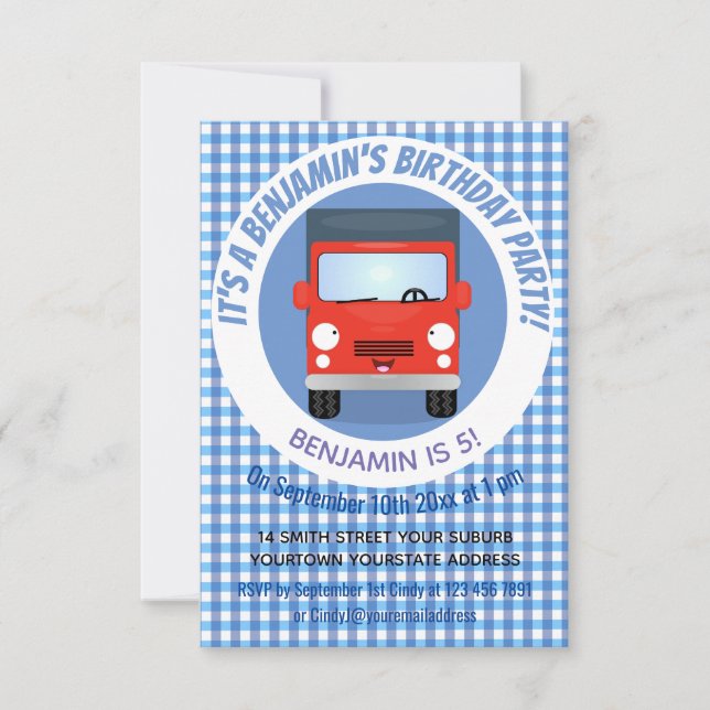 Invitation Illustration d'un camion kawaii rouge mou (Devant)