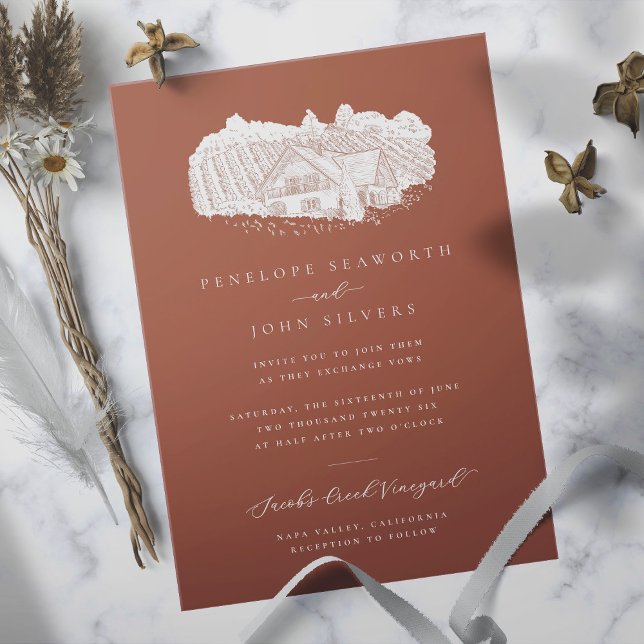 Invitation Illustration élégante de vignoble Orange brûlé pou (Burnt orange wedding invitation with an illustration of a vineyard)
