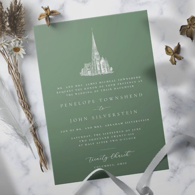 Invitation Illustration élégante d'église Vert mariage formel (Sage green formal wedding invitation with an illustration of a church)