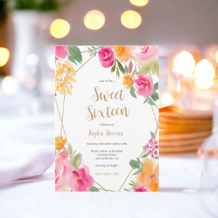 Invitation Illustration florale rose vif Douce 16
