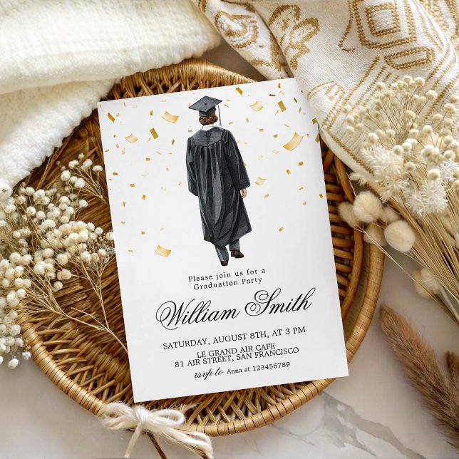 Invitation Illustration Garçon Diplômé Confettis D (Créateur téléchargé)