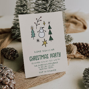 Invitation Illustration Green Christmas Trees Snowman Party