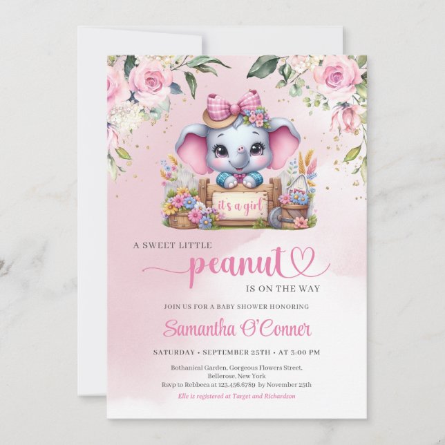 Invitation Illustration moderne éléphant petit arachide rose (Devant)