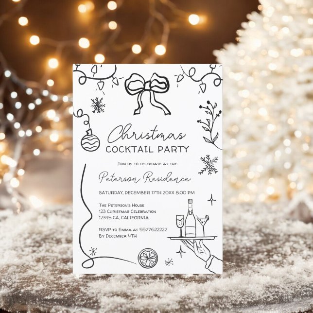Invitation Illustration noir blanc ironique Cocktail de Noël (Quirky black white illustration Christmas Cocktail Invitation)