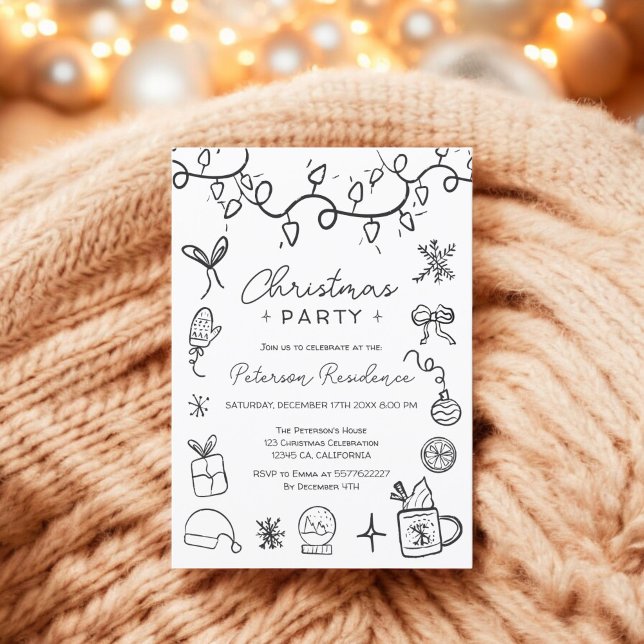 Invitation Illustration noir blanc irrégulier Noël moderne (Quirky black white illustration modern Christmas Invitation)
