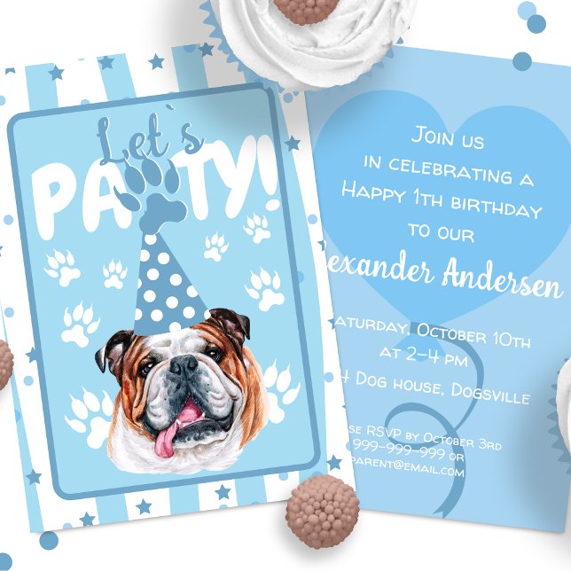 Invitation Illustration Pawty bulldog bleu anniversaire (Créateur téléchargé)