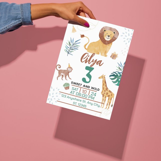 Invitation Illustration pour enfants à l'aquarelle verte thèm (Green Watercolor Kids Illustration Savana Theme Invitation)