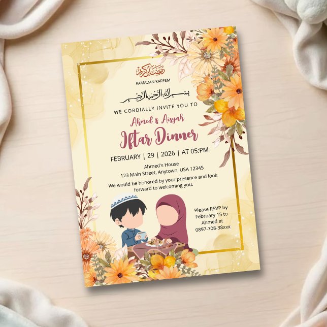 Invitation Illustration pour enfants et design floral jaune (Créateur téléchargé)