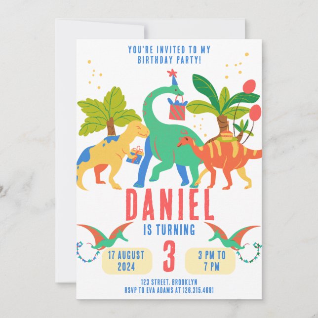 Invitation Illustration simple colorée Dinosaure Anniversaire (Devant)