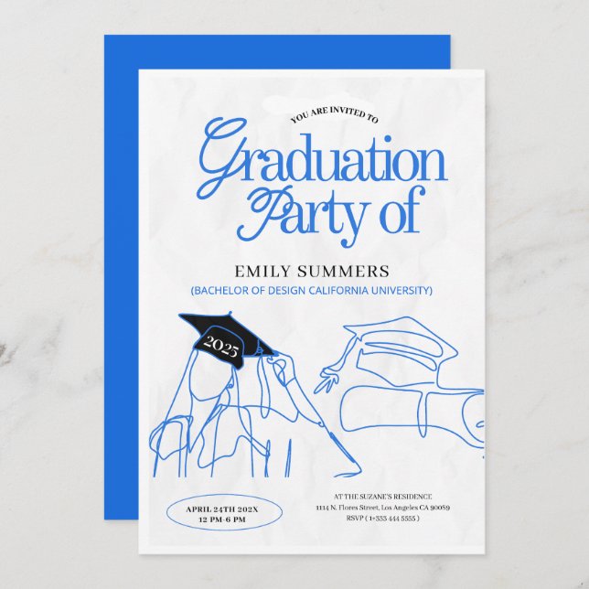 Invitation Illustration simple de la main de Graduation Bleu  (Devant / Derrière)
