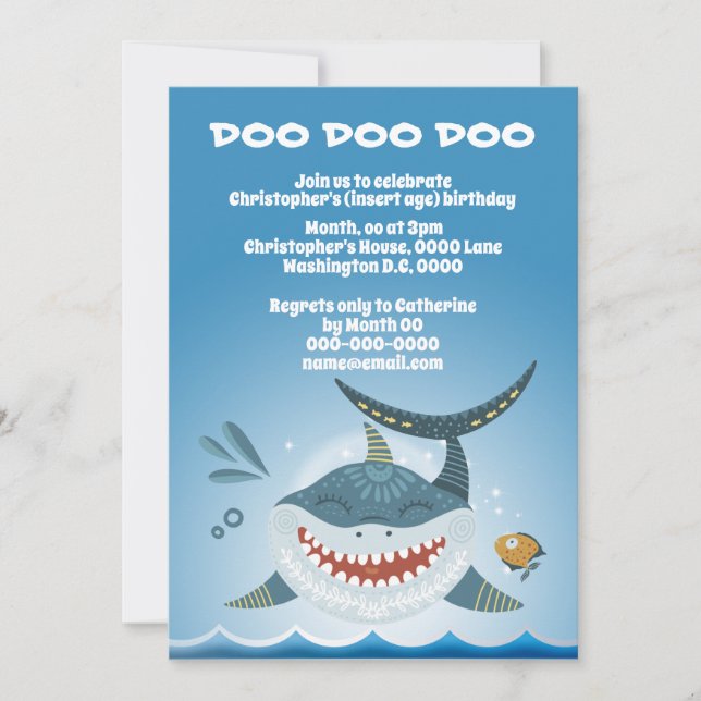 Invitation Illustration souriante de requin garçons thème fêt (Devant)