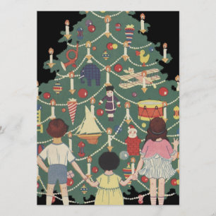 Invitation Illustration Vintage - Arbre de Noël et enfants