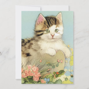 Invitation Illustration vintage de chat avec fleurs roses