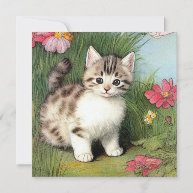 Invitation Illustration vintage de chat avec Fleurs rouges (Devant)