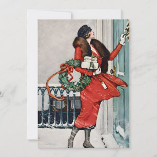 Invitation Illustration vintage de Noël sur le pas de la port