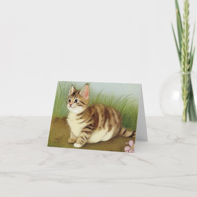 Invitation Illustration vintage Kitten avec fleurs (Devant)