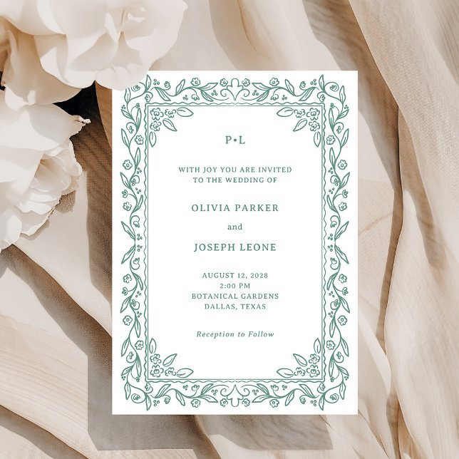 Invitation Illustrations botaniques | Mariage Vert Sauge (Créateur téléchargé)