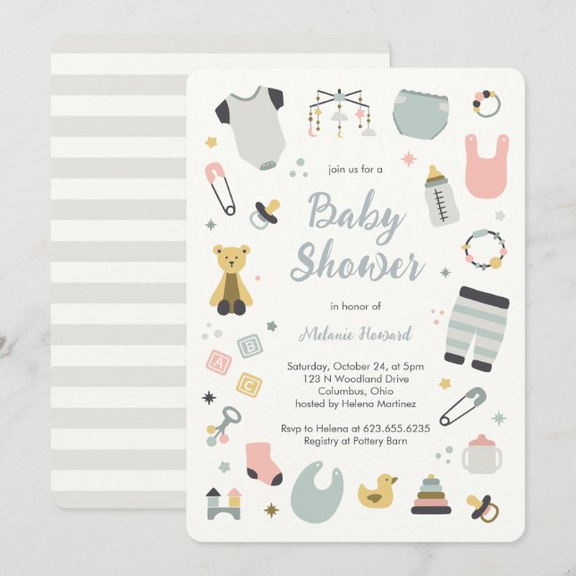 Invitation illustrations de jouets de nursery dessinés à la m (Devant / Derrière)
