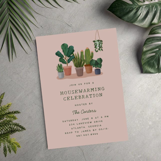Invitation Illustrations de plantes d'intérieur Fête de penda (watercolour houseplants housewarming party invitation)