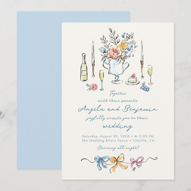 Invitation Illustrations dessinées à la main Mariage fantaisi (Devant / Derrière)
