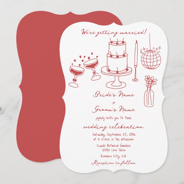 Invitation Illustrations faites à la main Doodles Maroon Mari (Devant / Derrière)