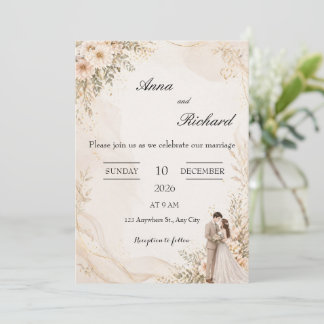 Invitation Illustrée Couple & Fleurs Roses Clair