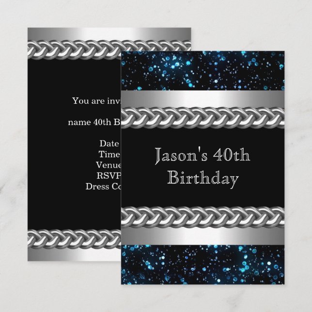 Invitation Image bleu métal chrome argent pour fête d'anniver (Devant / Derrière)