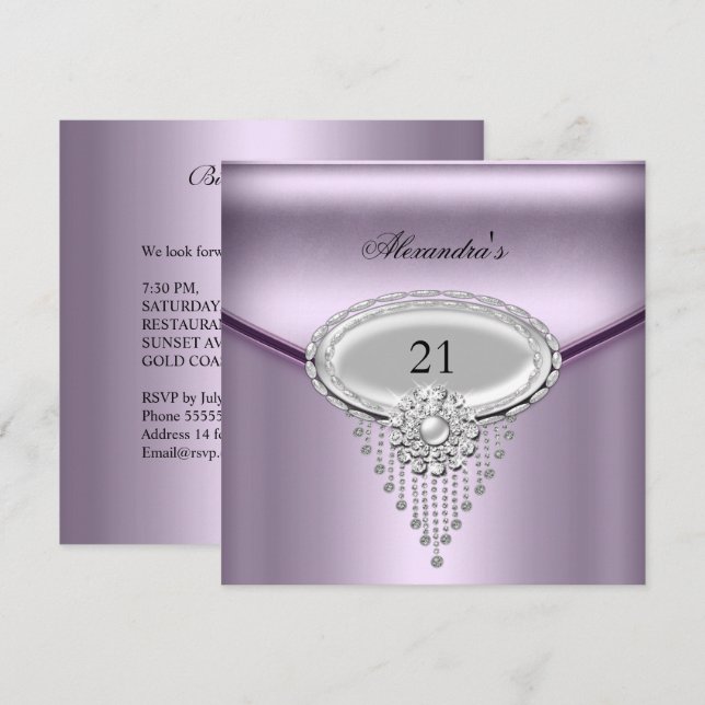 Invitation Image de bijou argenté et lilas blanc pour 21e ann (Devant / Derrière)