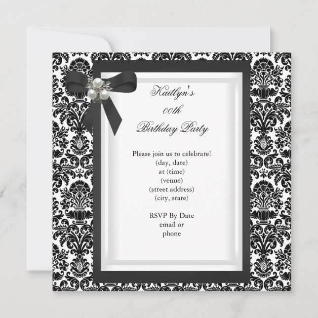 Invitation Image de bijou en damas noir et blanc avec perle p (Devant)