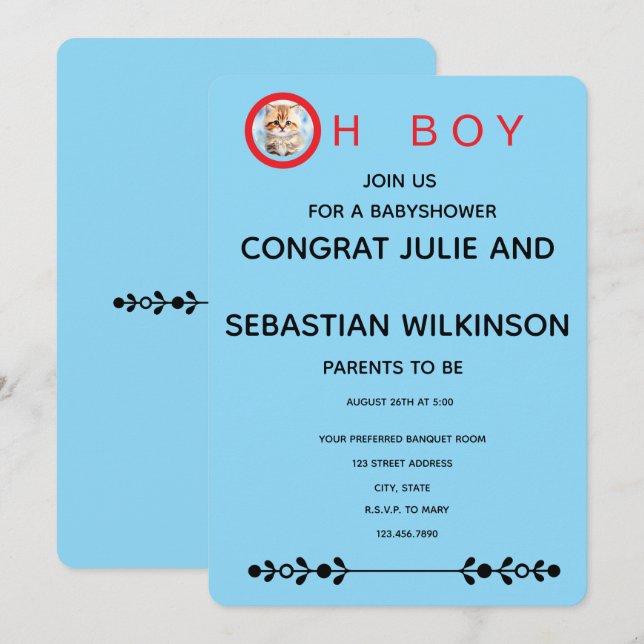 Invitation Image de chat Oh Boy pour Baby Shower (Devant / Derrière)