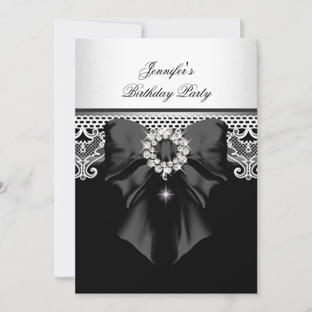 Invitation Image de fête d'anniversaire Diamonds Lace Noir Bl (Devant)