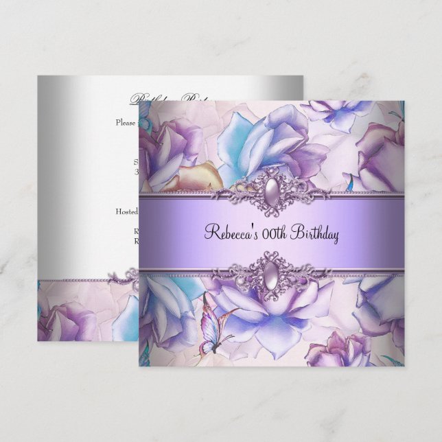 Invitation Image de fête d'anniversaire florale rose violet b (Devant / Derrière)