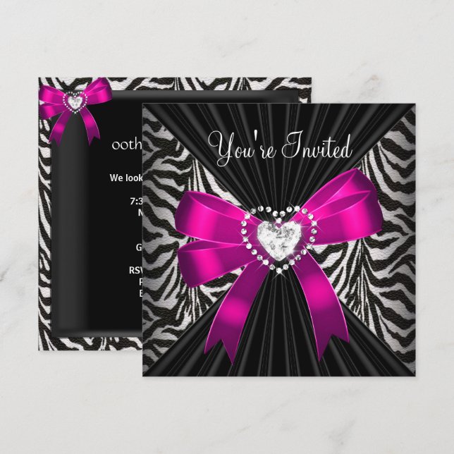 Invitation Image de fête d'anniversaire rayée zèbre rose noir (Devant / Derrière)