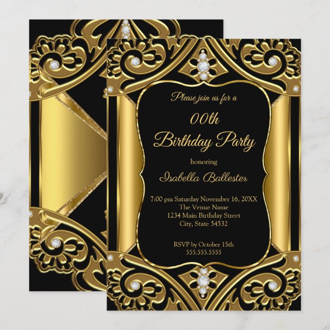 Invitation Image de fête d'anniversaire tout âge noir or diam (Devant / Derrière)