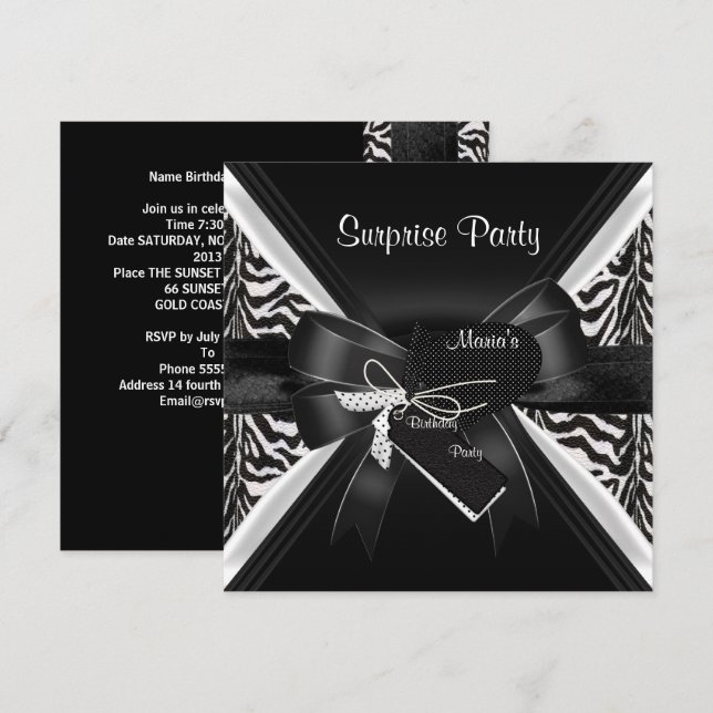 Invitation Image de zèbre à arc noir et blanc pour fête surpr (Devant / Derrière)