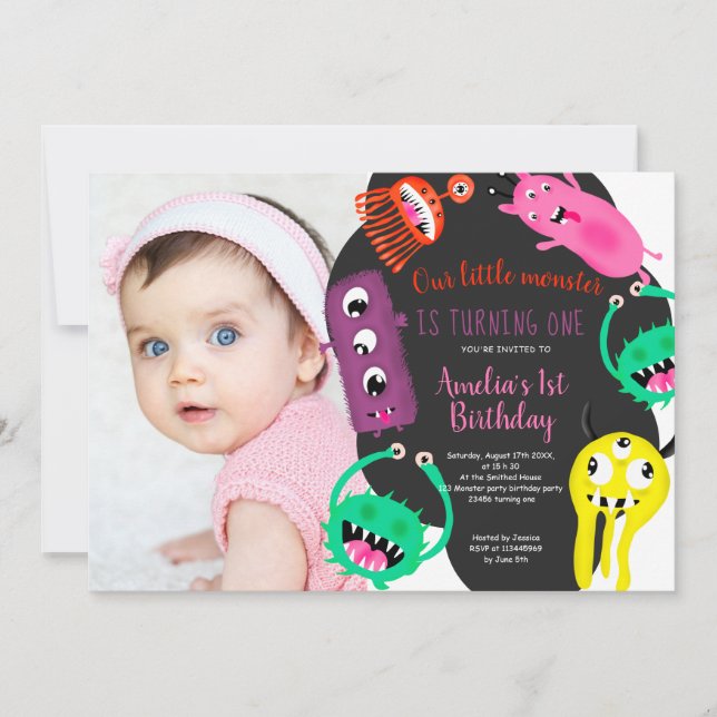 Invitation Image des mignons monstres 1er anniversaire photo (Devant)