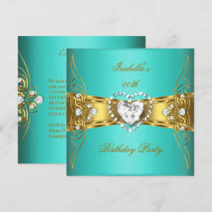 Invitation Image Diamant Or Bleu Aqua Élégant