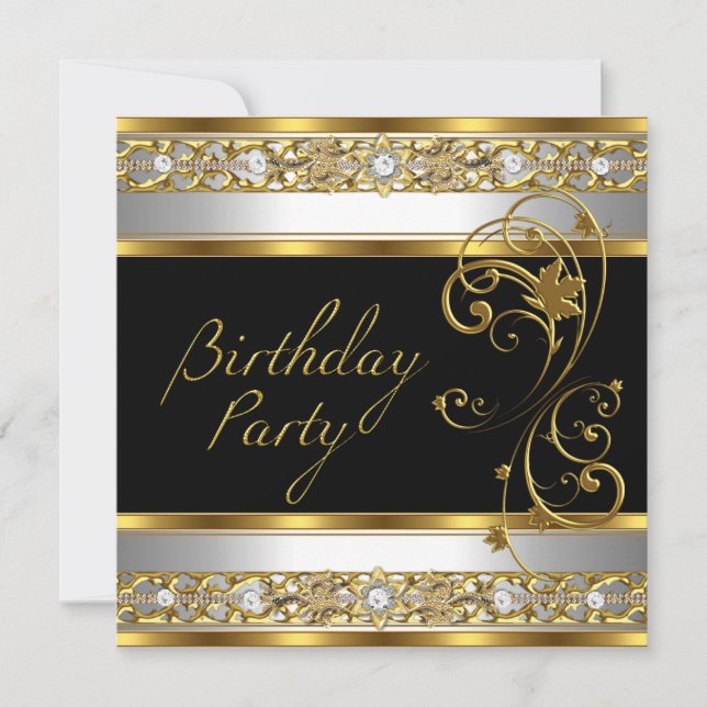 Invitation Image Orné de Fête d'Anniversaire Noir Or Blanc (Devant)