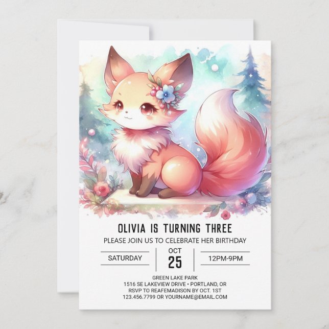 Invitation Imaginaire aquarelle Fox Anniversaire numérique (Devant)