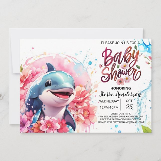 Invitation Imaginaire dauphin Baby shower de fille rose (Devant)