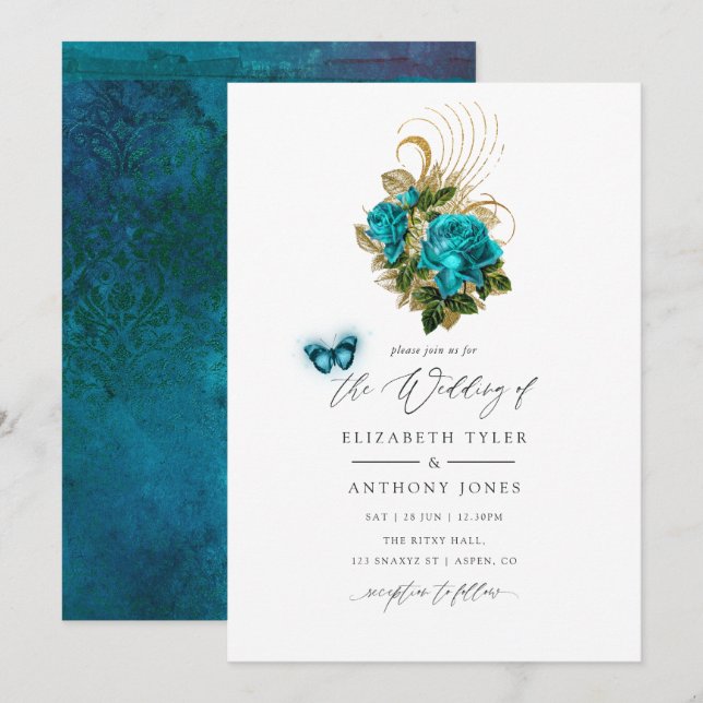 Invitation Imaginaire de forêt de minuit Turquoise et Mariage (Devant / Derrière)