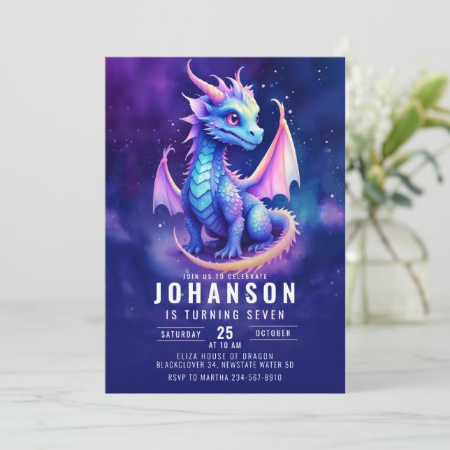 Invitation Imaginaire Dragon mignon bleu foncé fête d'anniver (Debout devant)