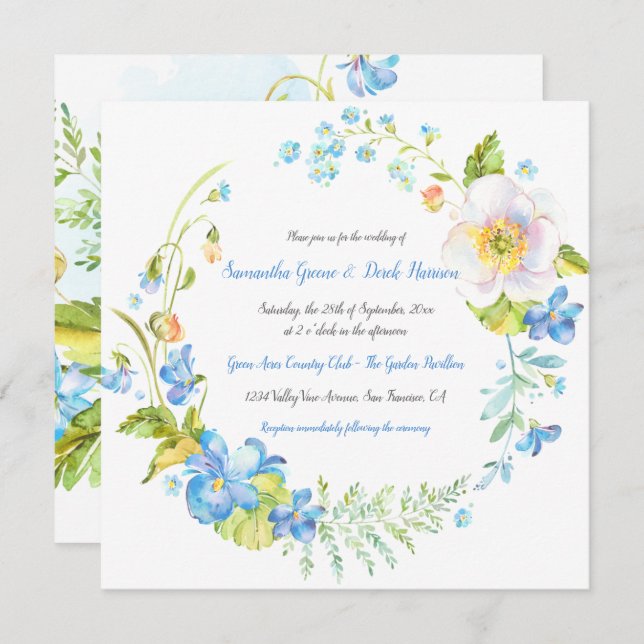 Invitation Imaginaire floral bleu et blanc Mariage de couronn (Devant / Derrière)