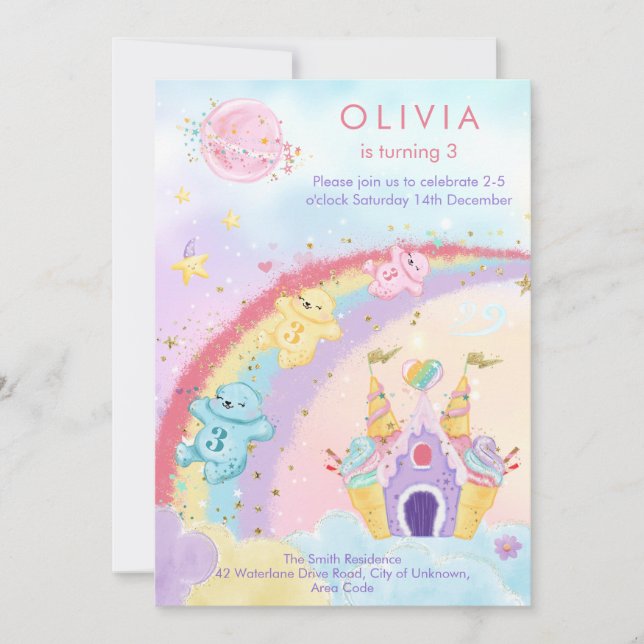 Invitation Imaginaire magique Arc-en-ciel ours Anniversaire d (Devant)