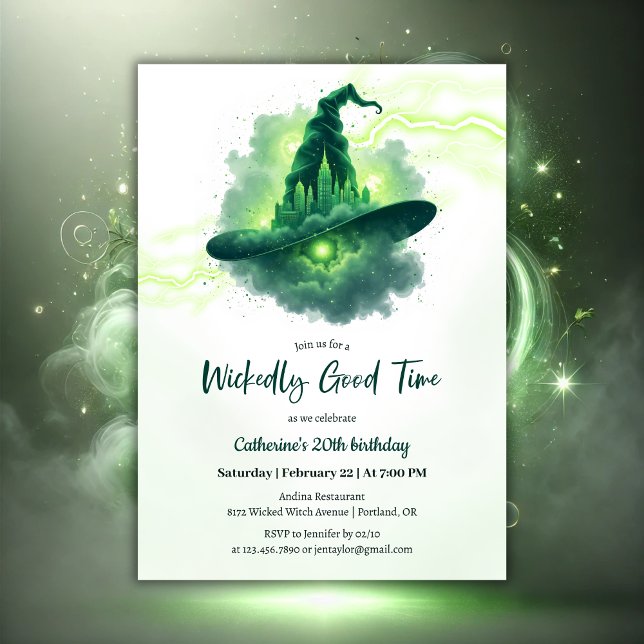 Invitation Imaginaire magique Casquette de sorcière verte (Green Wicked Witch Hat Magical Fantasy Birthday Invitation)