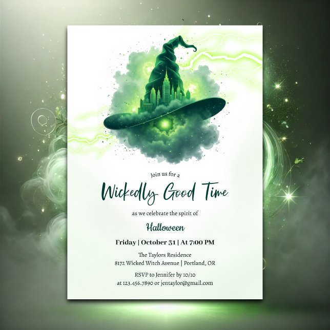 Invitation Imaginaire magique Casquette de sorcière verte Hal (Wickedly Good Time Halloween Party Invitation – Glowing Green Witch Hat)