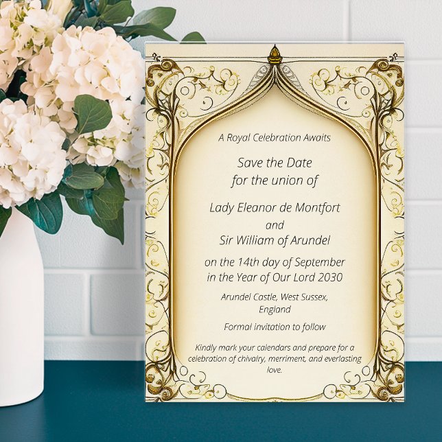 Invitation Imaginaire Médiéval Arché Enregistrer La Date (Medieval Fantasy Arched Save The Date Invitation)