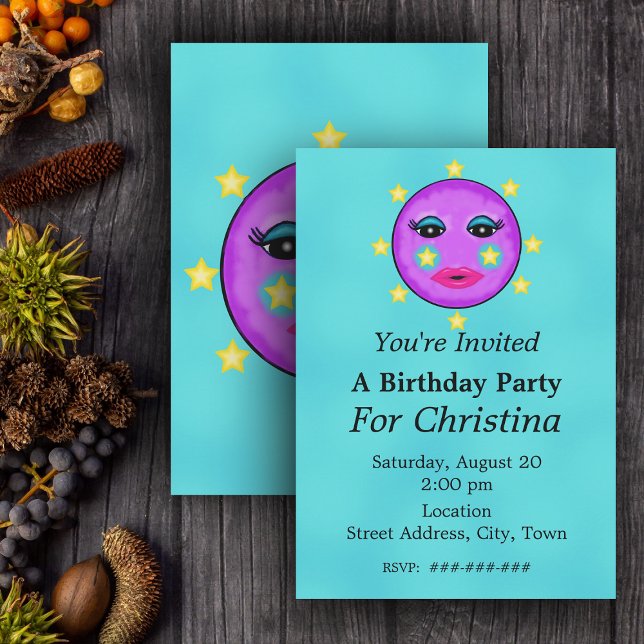 Invitation Imaginaire mignon Lune pourpre Face Étoiles Annive (Cute Purple moon with face circled with stars on Aqua blue Birthday party invitations.)
